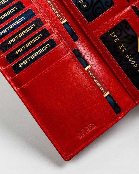 Portfel Damski PETERSON Duży SKÓRZANY Klasyczny Poziomy Elegancki RED