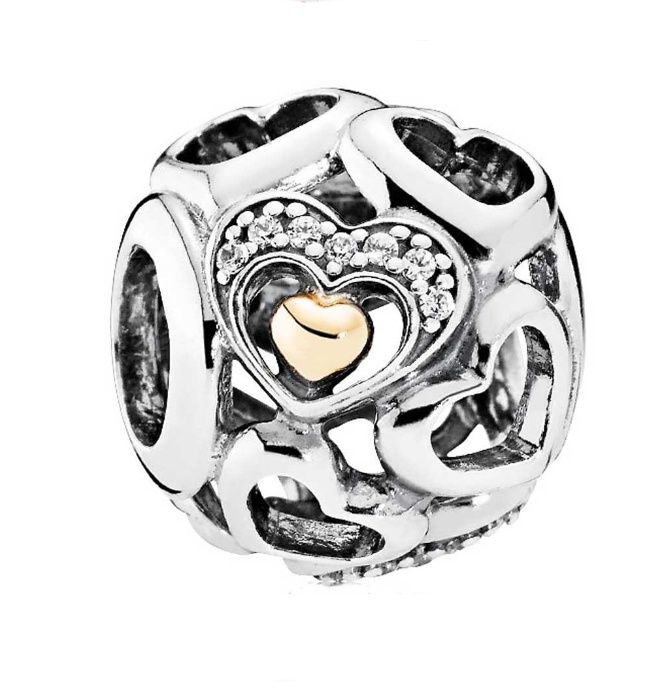 CHARMS do Pandora BEADS KORALIK złote ażurowe serca srebro S925