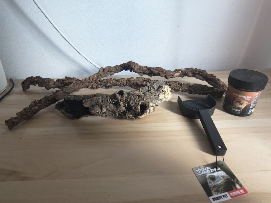 Dekoracje, szufelka i jedzenie dla gekonów