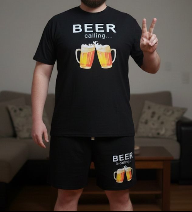 Черный мужской пивной костюм с принтом пива — весёлый вариант для отды