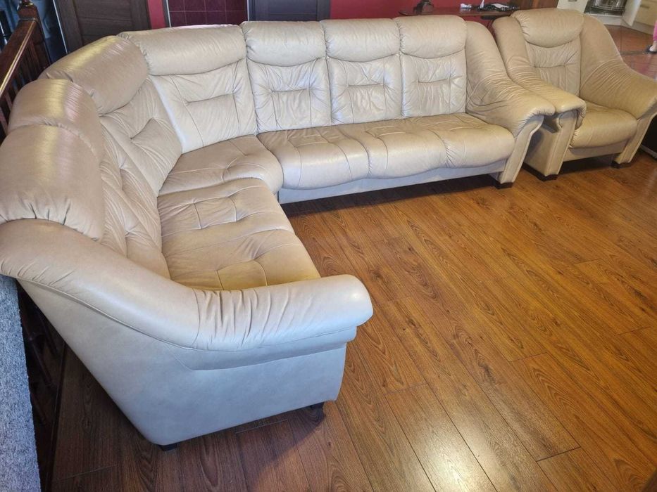 Narożnik + fotel, Sofa, Prawdziwa skóra, ecrue, stan bardzo dobry