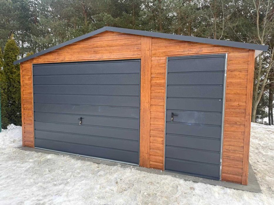 Garaż Blaszany 5x6 Drewnopodobny Złoty Dąb Grafit  + Drzwi PRODUCENT