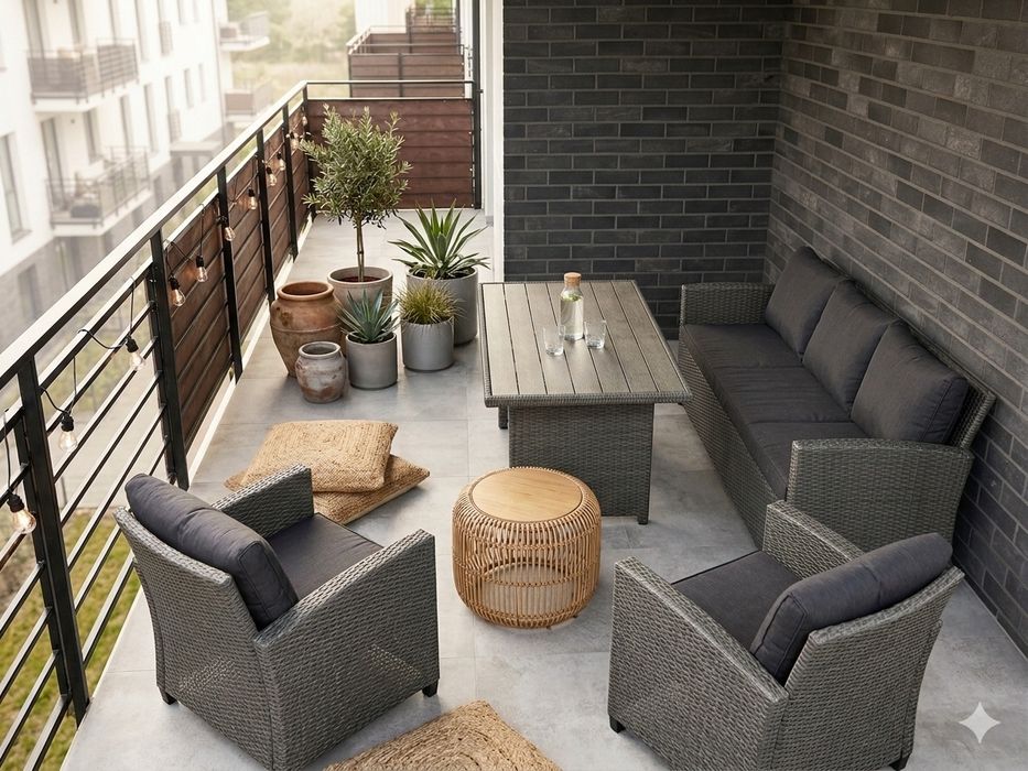 Promocja.Meble ogrodowe duuża sofa dwa fotele, stół .z półką.