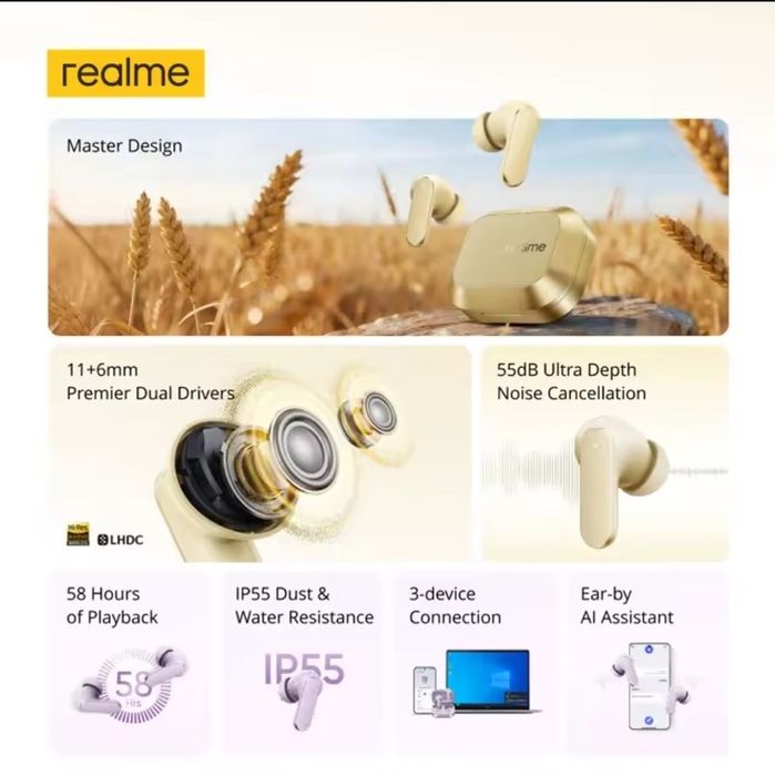 Наушники беспроводные Realme buds air 8 шикарные tws с LHDC 5.0 и двумя динамиками на ухо Hi-Res