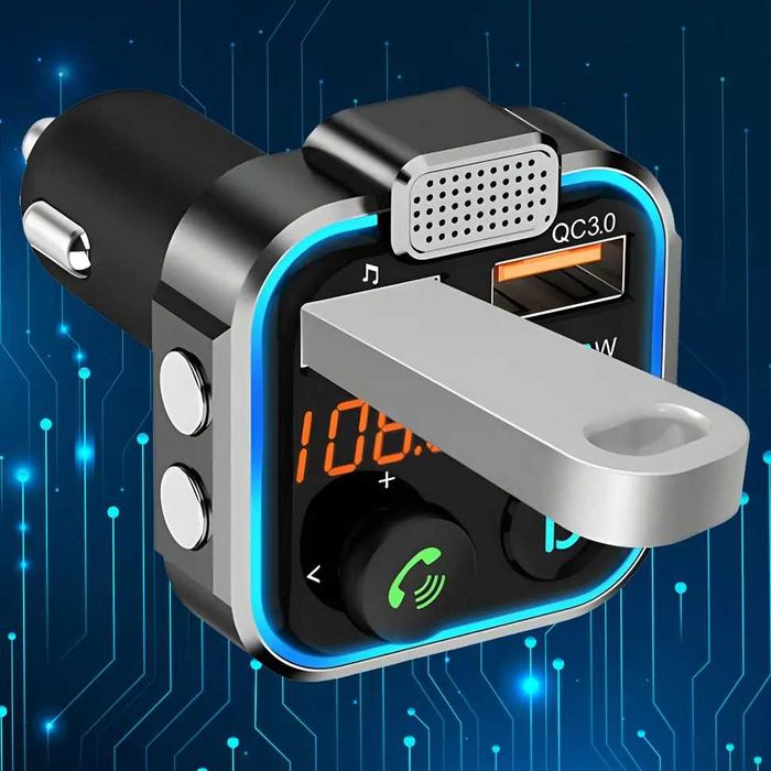 Transmiter FM z Szybką Ładowarką Bluetooth, Audio MP3, 3x USB, RGB