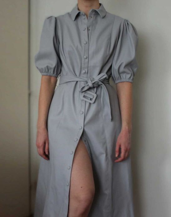 Reserved szara długa sukienka skórzana koszulowa maxi MIDI L