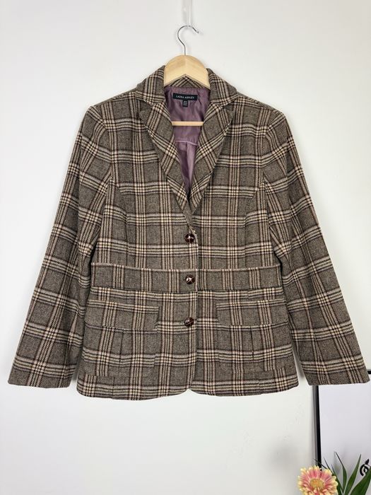 Laura Ashley żakiet w kratę z wełną Wool Blazer vintage retro 42