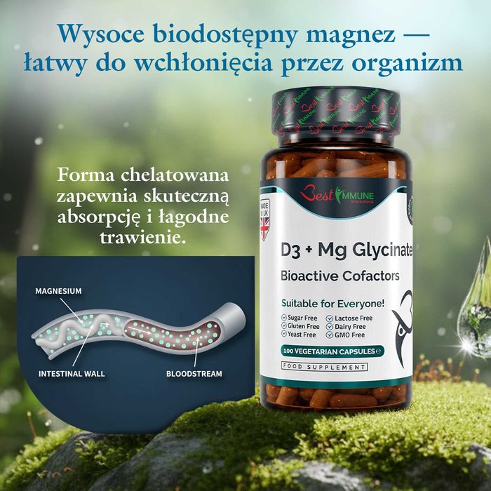 Glicynian Magnezu 400mg Witamina D3 1000IU Naturalny Biodostępny