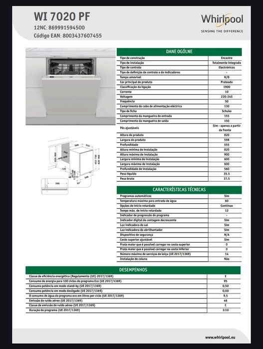 Máquina de lavar loiça de encastrar whirpool