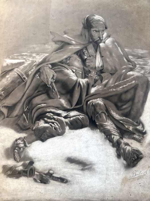 Stary obraz ODWRÓT SPOD MOSKWY - oryginał, antyk, 1880 sygnowany, militaria, Napoleon