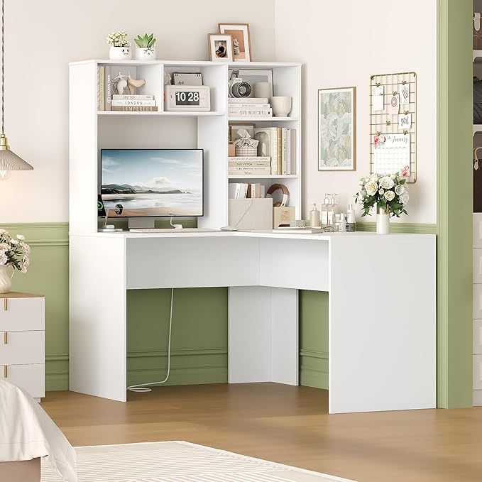 Biurko komputerowe narożne L – białe, z półkami | NOWOCZESNE