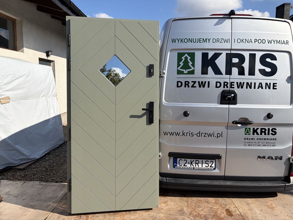 Drzwi zewnętrzne drewniane OD RĘKI oliwkowe CZYSTE powietrzwe C.POLSKA