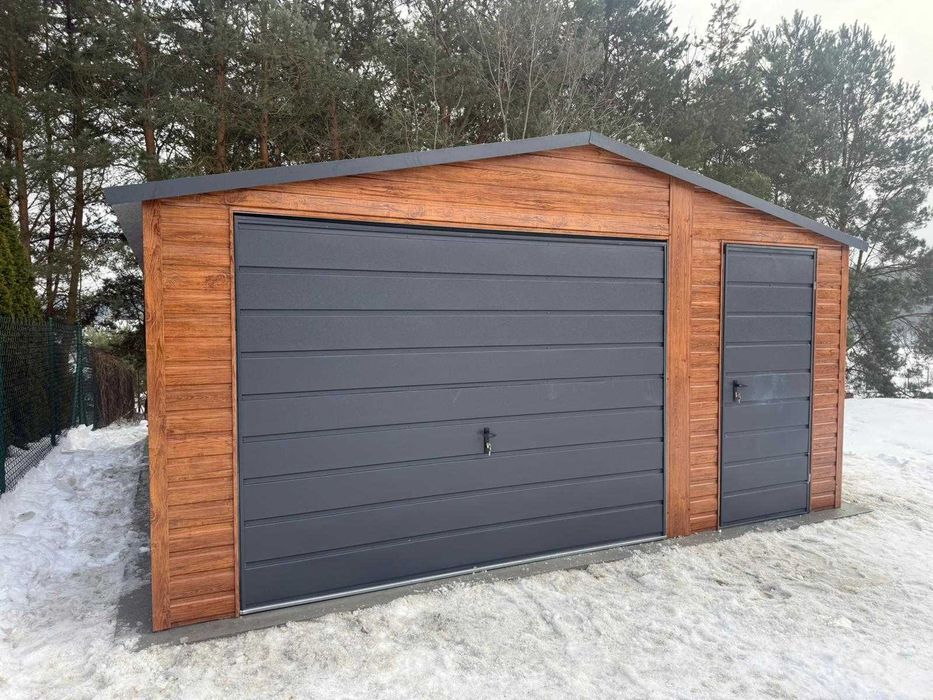 Garaż Blaszany 5x6 Drewnopodobny Złoty Dąb Grafit  + Drzwi PRODUCENT
