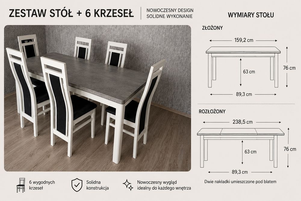 Stół rozkładany plus komplet 6 krzeseł