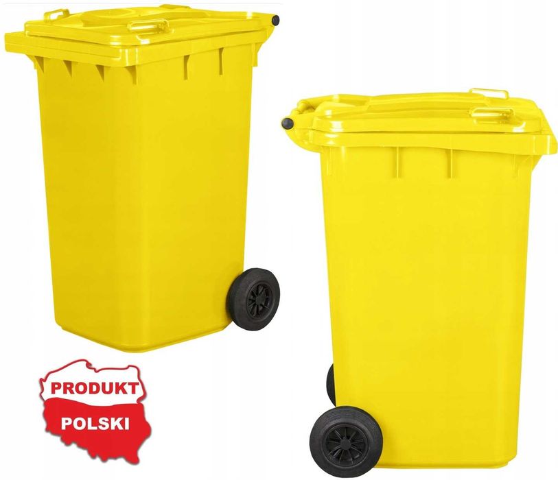 Kosz kubeł na śmieci 240L żółty plastikowy pojemnik z pokrywą kółkami