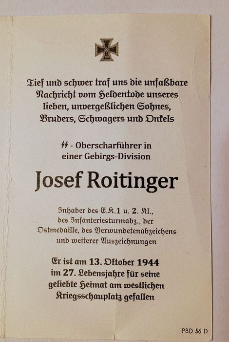 Militaria de Trincheira Cartão de Obituário Waffen SS