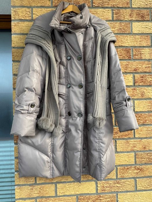 Damska długa kurtka płaszcz z kapturem  naturalny puch beżowa 42