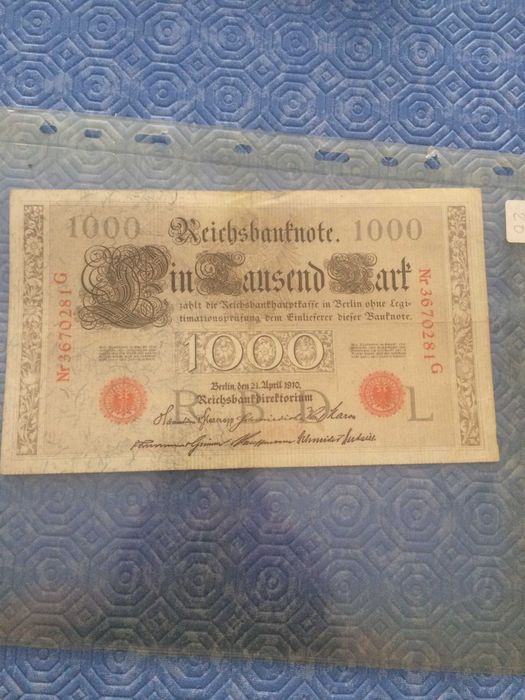 ALEMANHA Reichsba, 2 de 1000 Mark RARAS de 1910 selos Vermelhos em MBC