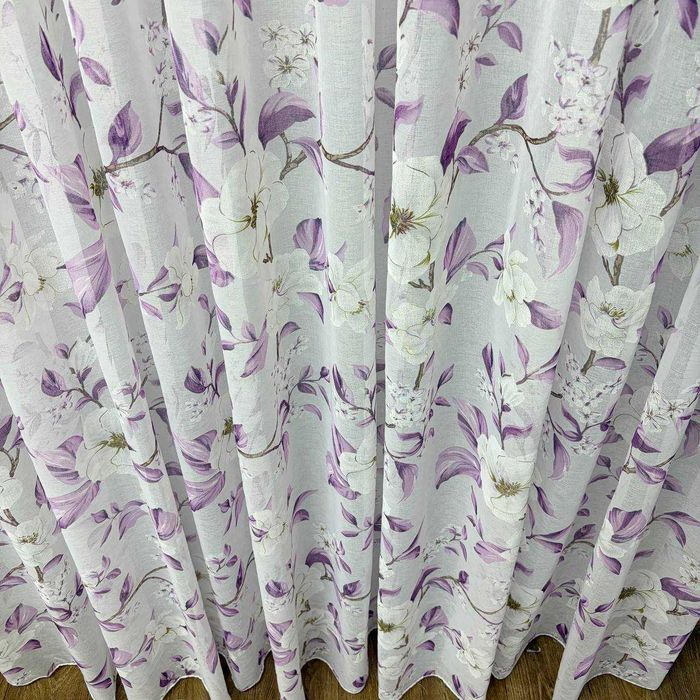 Тюль Magnolia з бузково-фіолетовим листям готовий батист під льон 150–600 см (YH85-16)