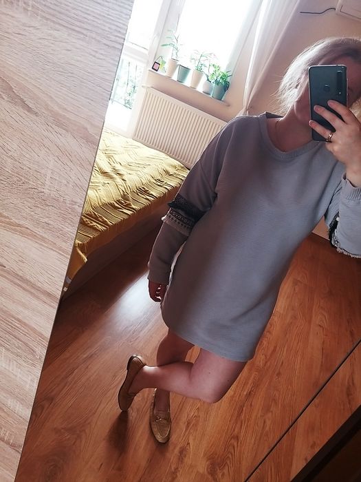 Bluza sukienka boho szara tunika L 40 M frędzle długa krótka rękawy