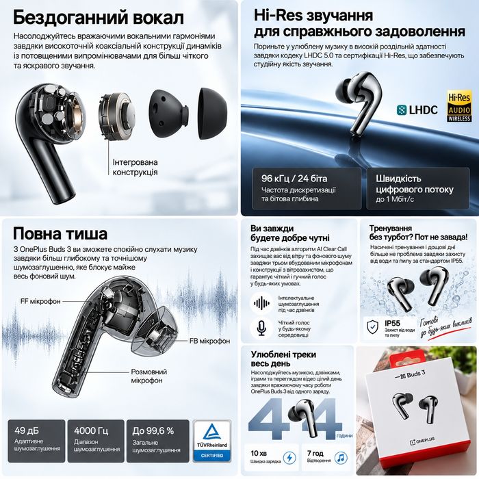 OnePlus Buds 3 навушники Bluetooth. Китайська версія (Chinese Version, CN), ~10|44год/Hi-Res/LHDC. ЗВУК — ТОП!!!