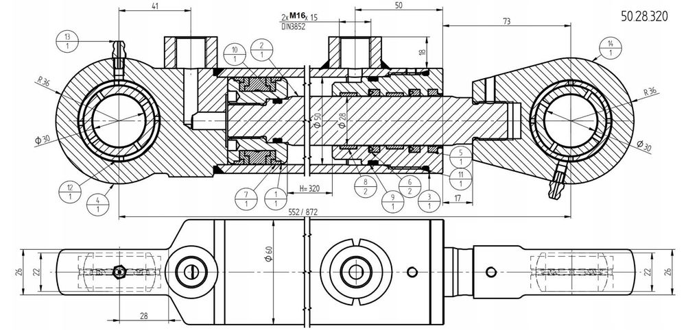 Siłownik hydrauliczny do KROKODYL CHWYTAK PŁUG wysuw 320 mm