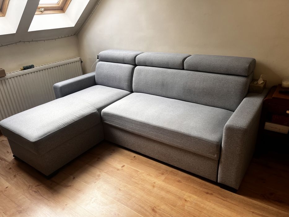 Niebieski szara kanapa narożnik sofa z funkcją spania rozkładana