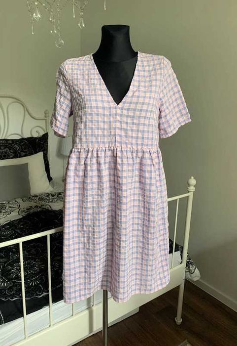 Pieces letnia liliowo-różowa zwiewna sukienka w kratkę rozkloszowana S