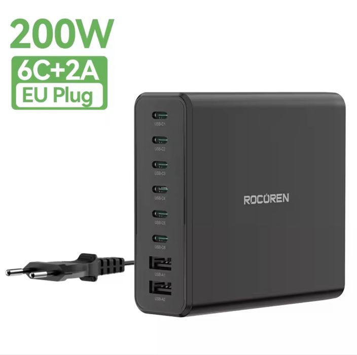 Zasilacz mocny 200watt | 6 szt USB - C + 2 szt USB A Extra Fast Charge
