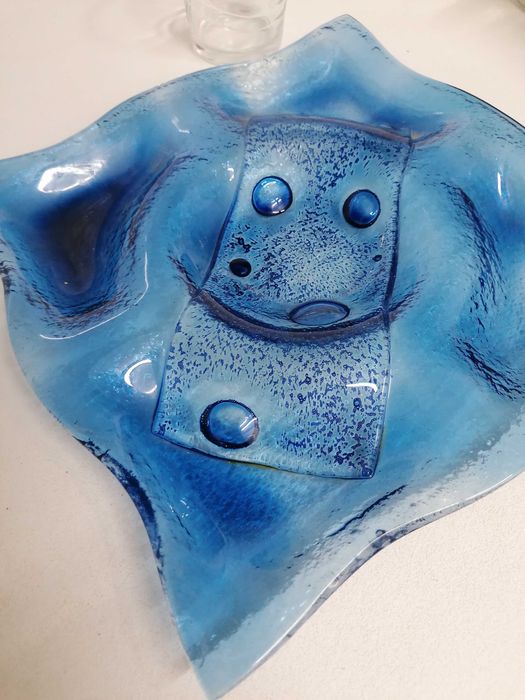 Travessa-cinzeiro em Vidro Artístico Azul Vintage, Estilo Murano