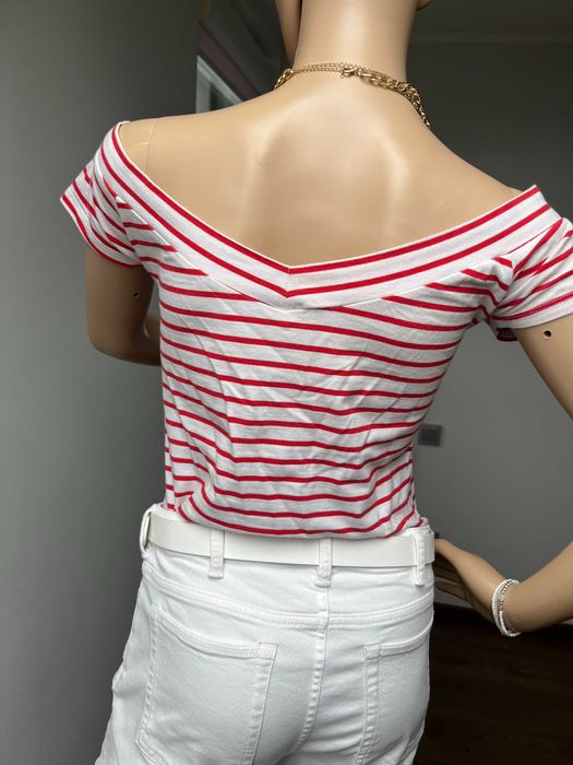 Bluzka Primark Odkryte Ramiona Bawełna, Rozm. S-M biało-czerwone paski