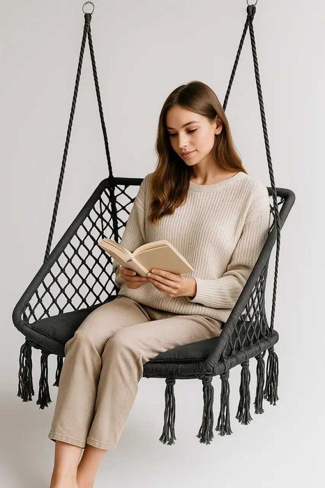 Підвісне крісло-гойдалка Плетена гойдалка WCG +м'яка подушка Графітова