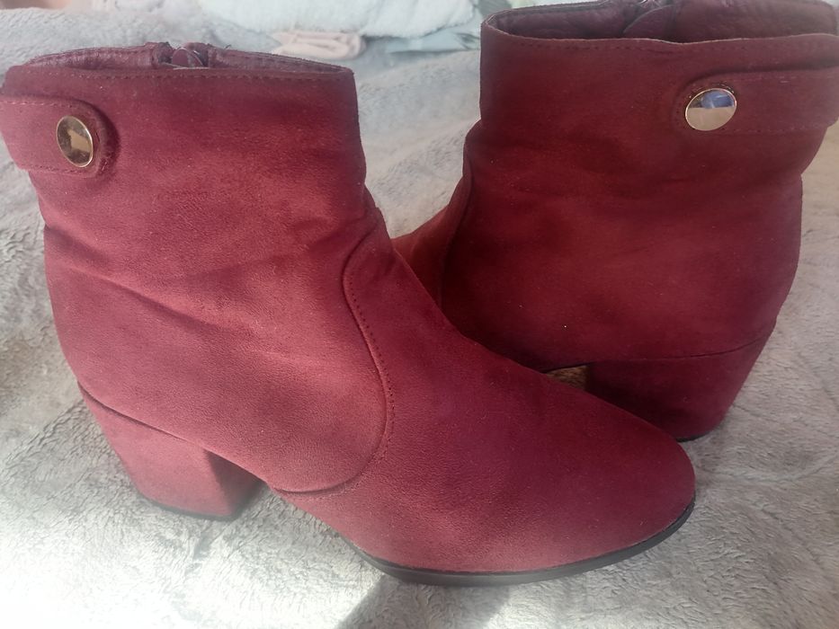 Bordowe botki zamsz zamek słupek/klocek 6cm 38