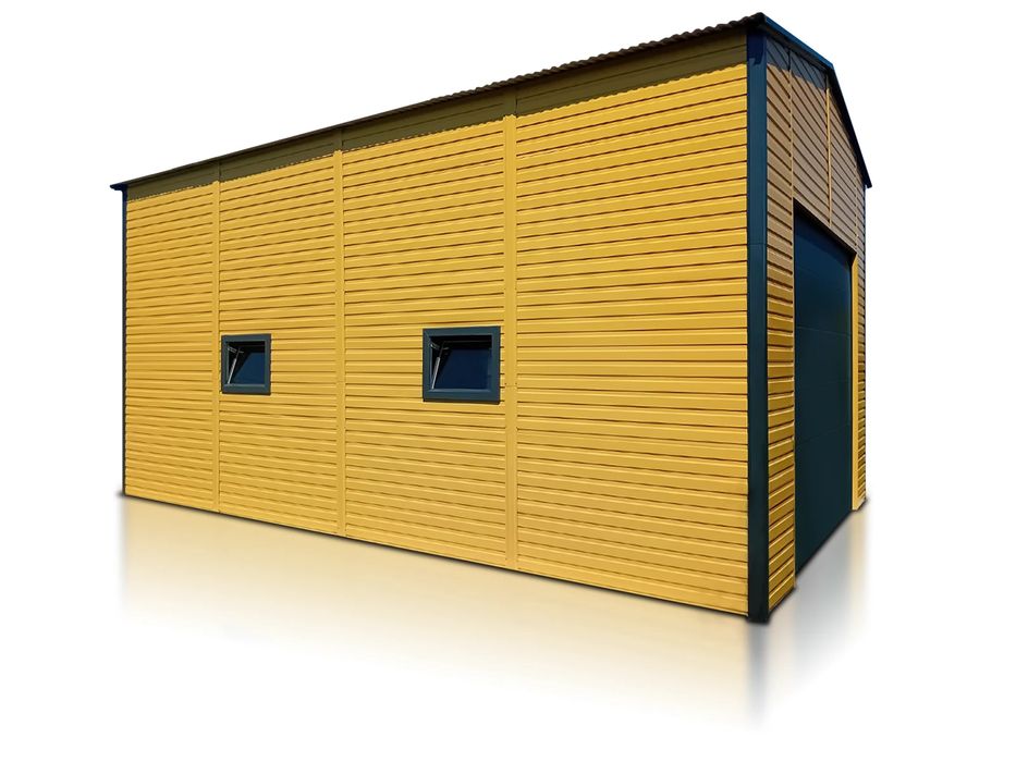 Hala blaszana 5x8 m - Dach dwuspadowy, Brama segmentowa, Piaskowy