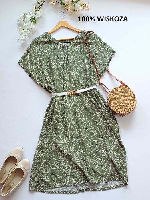 Zielona sukienka midi we wzory prosta 100% wiskoza 52 6XL 54 7XL