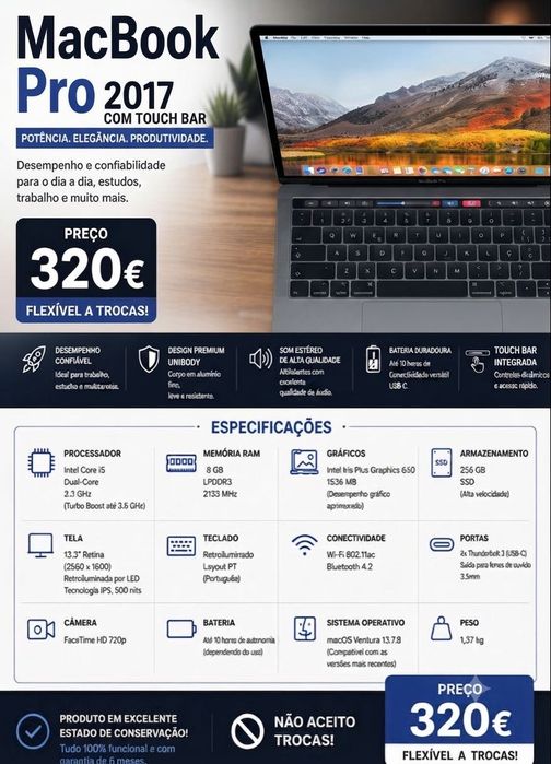 MacBook Pro 2017 Touch Bar | i5, 256GB SSD | Com Garantia!