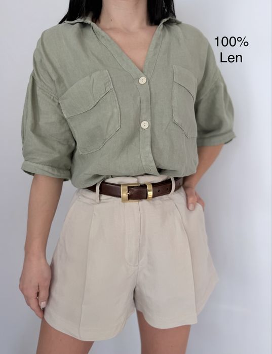 Zara lniana koszula z krótkim rękawem pistacjowa 36 S