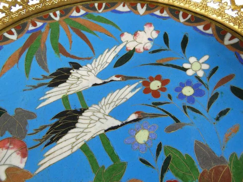 PATERA talerz emalia CLOISONNE kwiat ptak żuraw
