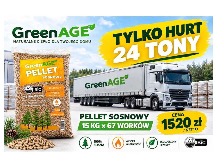 Certyfikowany PELLET Drzewny Sosnowy GreenAge - IBiC A1 - Worki 15 KG - na palecie 65 sztuk - 24 tony
