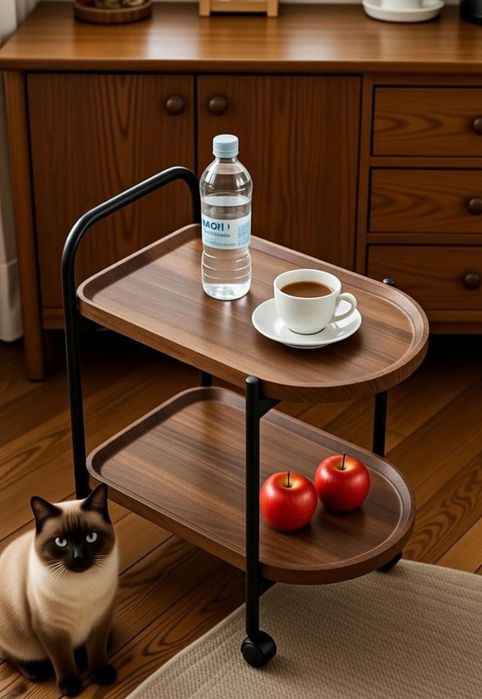 Столик прикроватний 2 яруси дерево метал на коліщатах