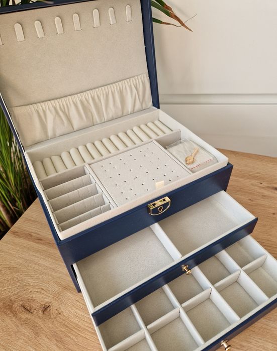 Granatowy luksusowy elegancki kuferek na biżuterię duży