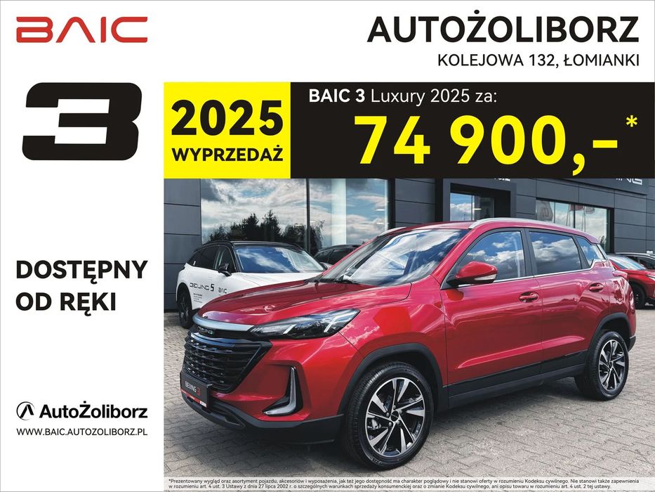 BAIC 3 Kredyt 50/50 RRSO0% lub polisa OC/AC za 1 zł. Dostępny od ręki.