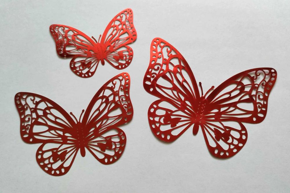 Czerwone Motyle 3D Ażurowe Naklejki Błyszczące Połyskujące 12 szt