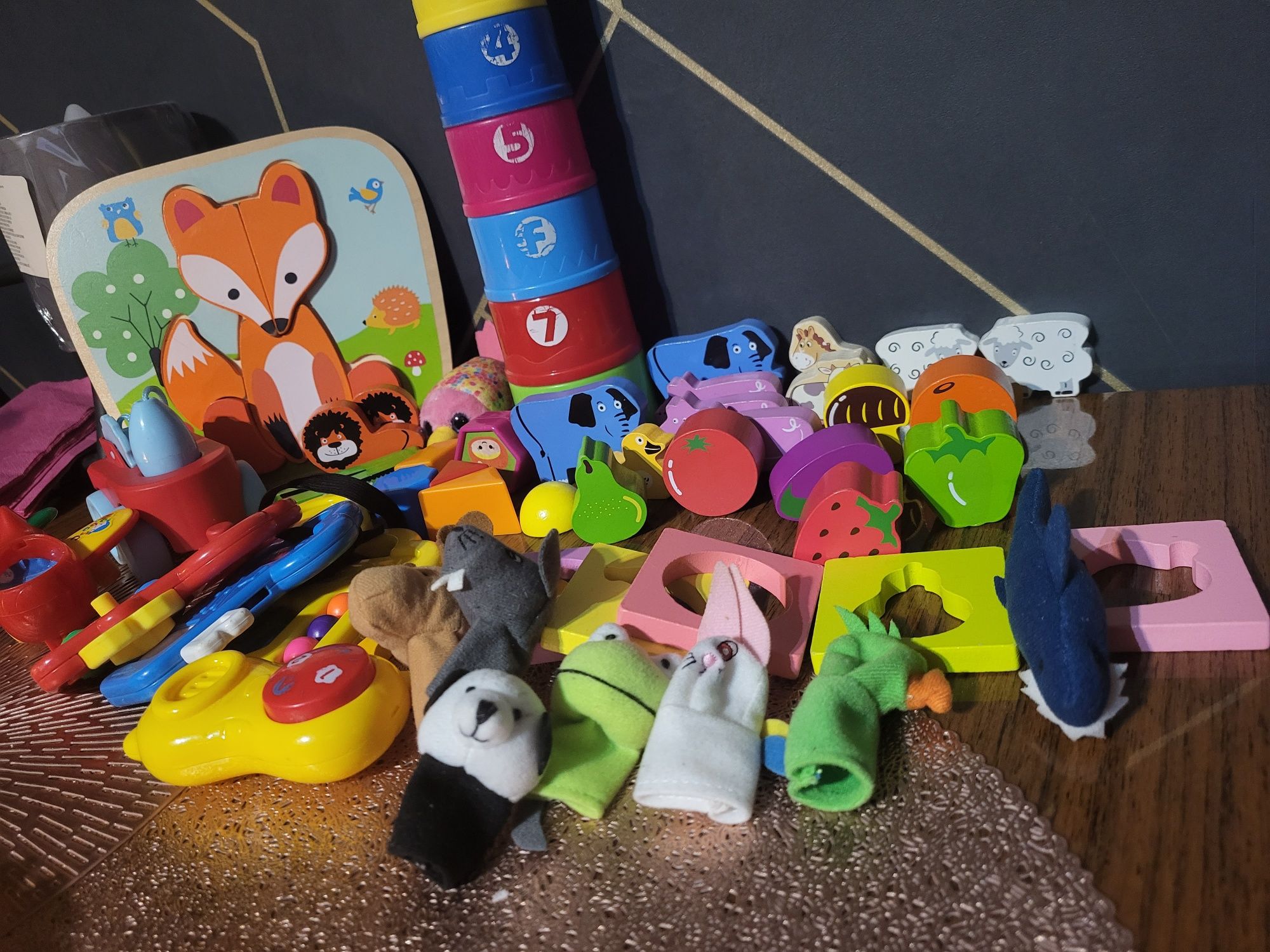 Puzzle pacynki układanki drewniane zabawki zwierzęta owoce
