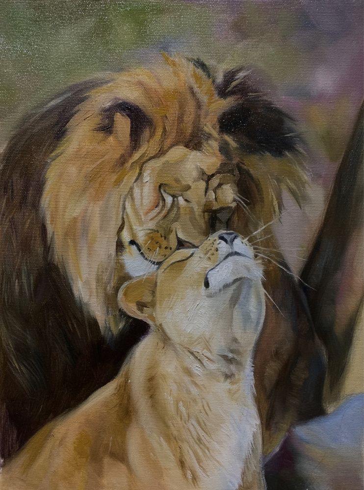 картина маслом на холсті із зображенням тварин, леви маслом