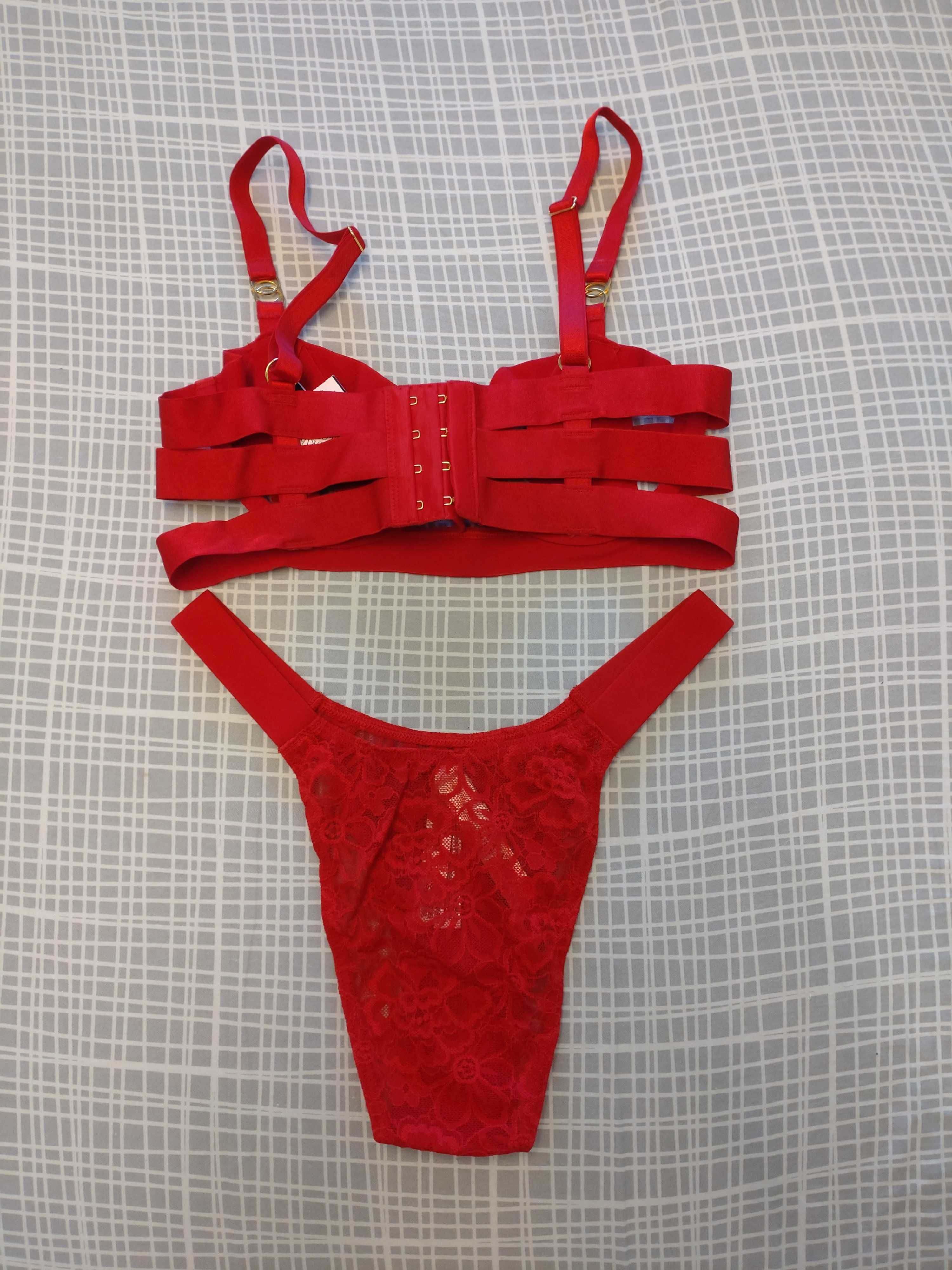 Komplet Victoria's Secret 32B biustonosz S brazyliany czerwone