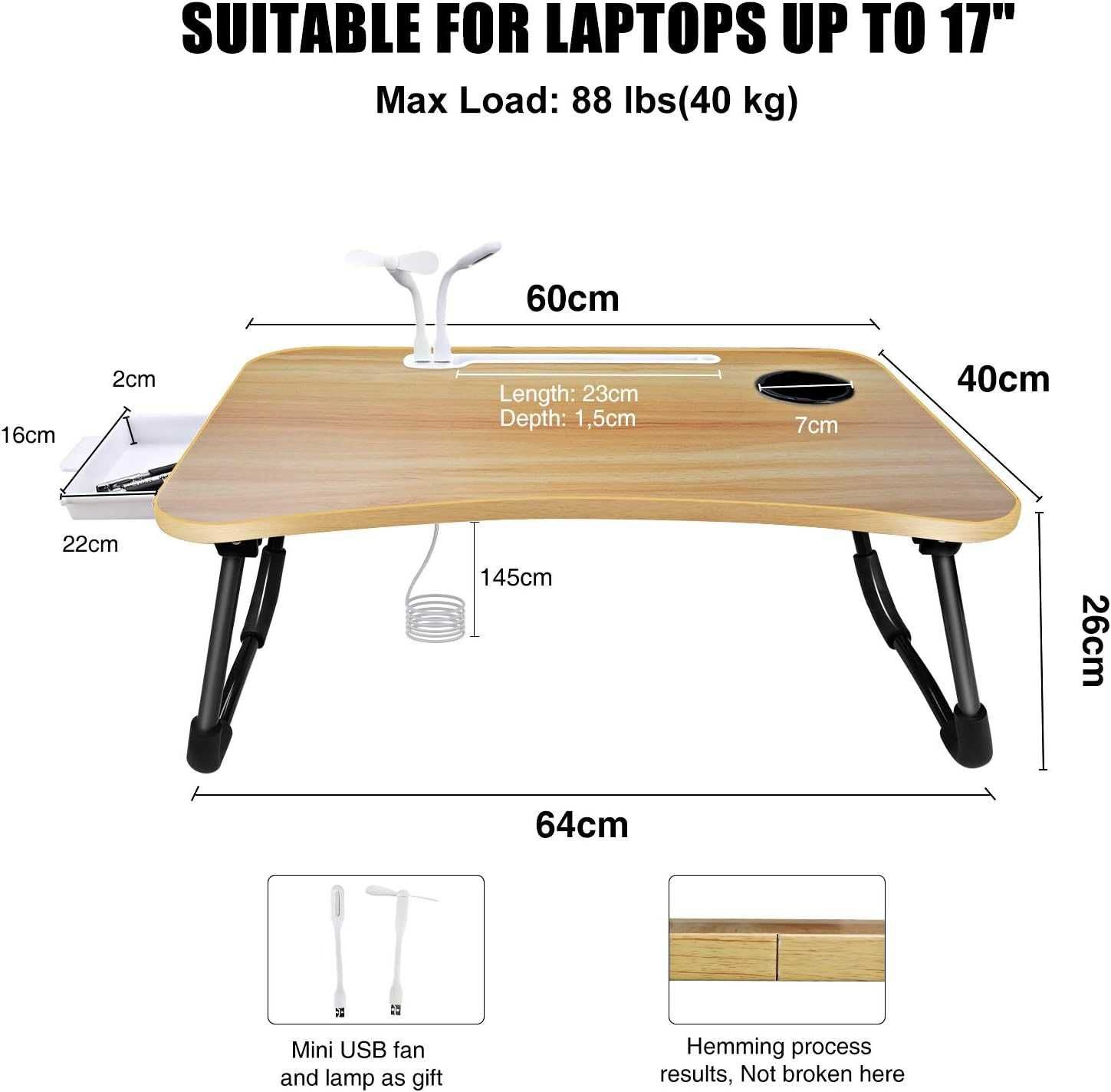 Nowy stolik pod laptopa / składane biurko /USB/ podstawka 60x40 !3970!
