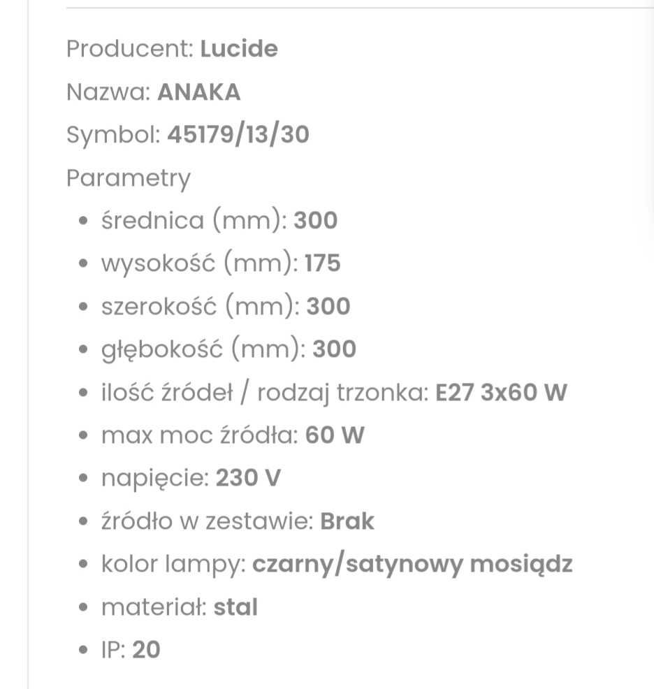 Lampa sufitowa ANAKA, NOWA cena w sklepie 344 PLN