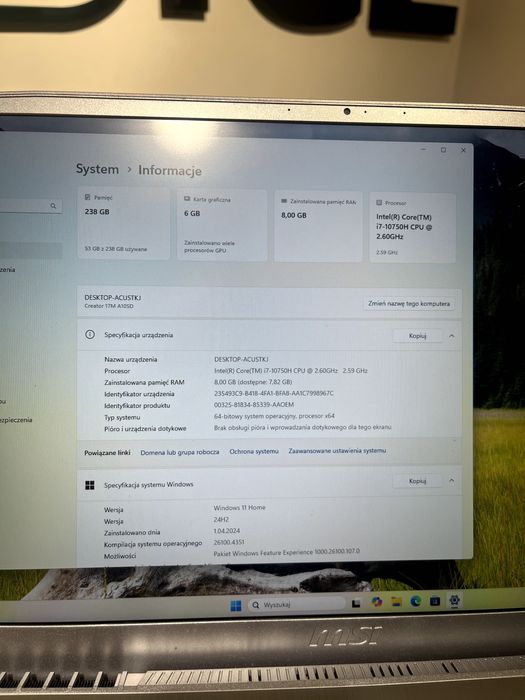 MSI Creator 17M MS-17F3 i7-10750H 8GB/256GB GTX1660Ti Max-Q Klasa A-