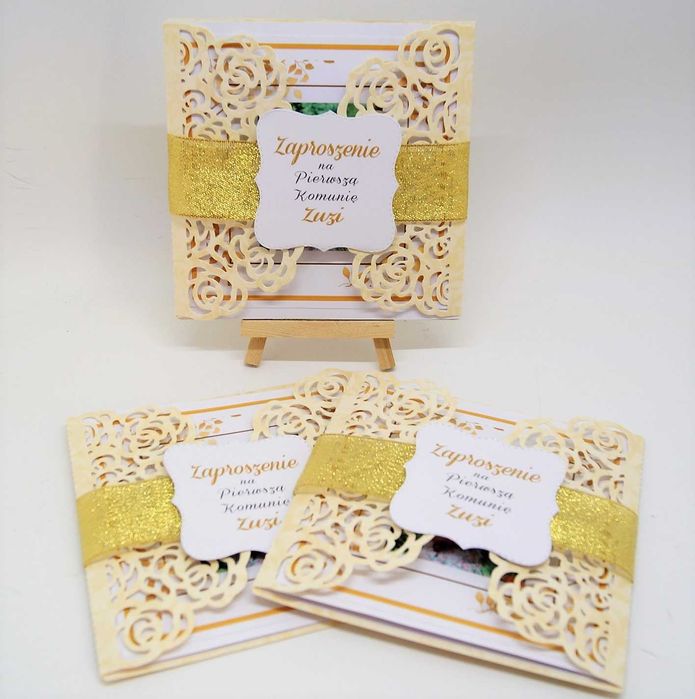 Zaproszenie ażurowe z okazji I Komunii Św. spersonalizowane + koperta